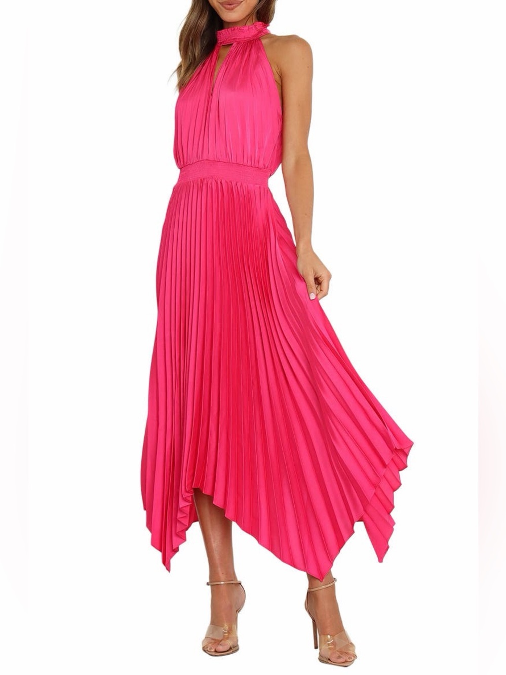 Petal & Pup Hot Pink Pleated Halter High-Low Dress